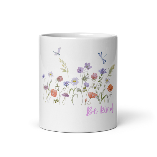 Be Kind White glossy mug with wildflowers for summer, spread kindness, kindness mug, coffee mug, be kind coffee mug