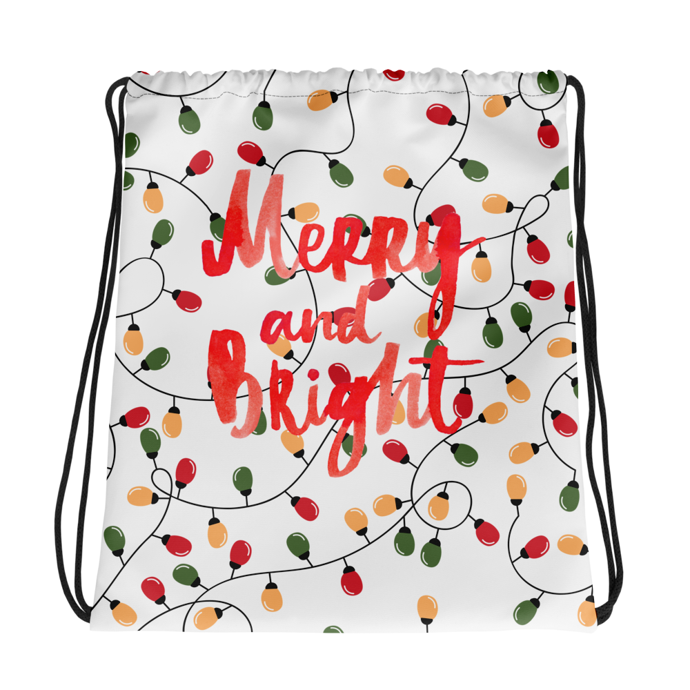 Christmas Drawstring bag, teacher gift, gift-wrapping, backpack, holiday drawstring bag, festive bag, merry and bright, lightbulbs, Christmas lights bag, Christmas lights