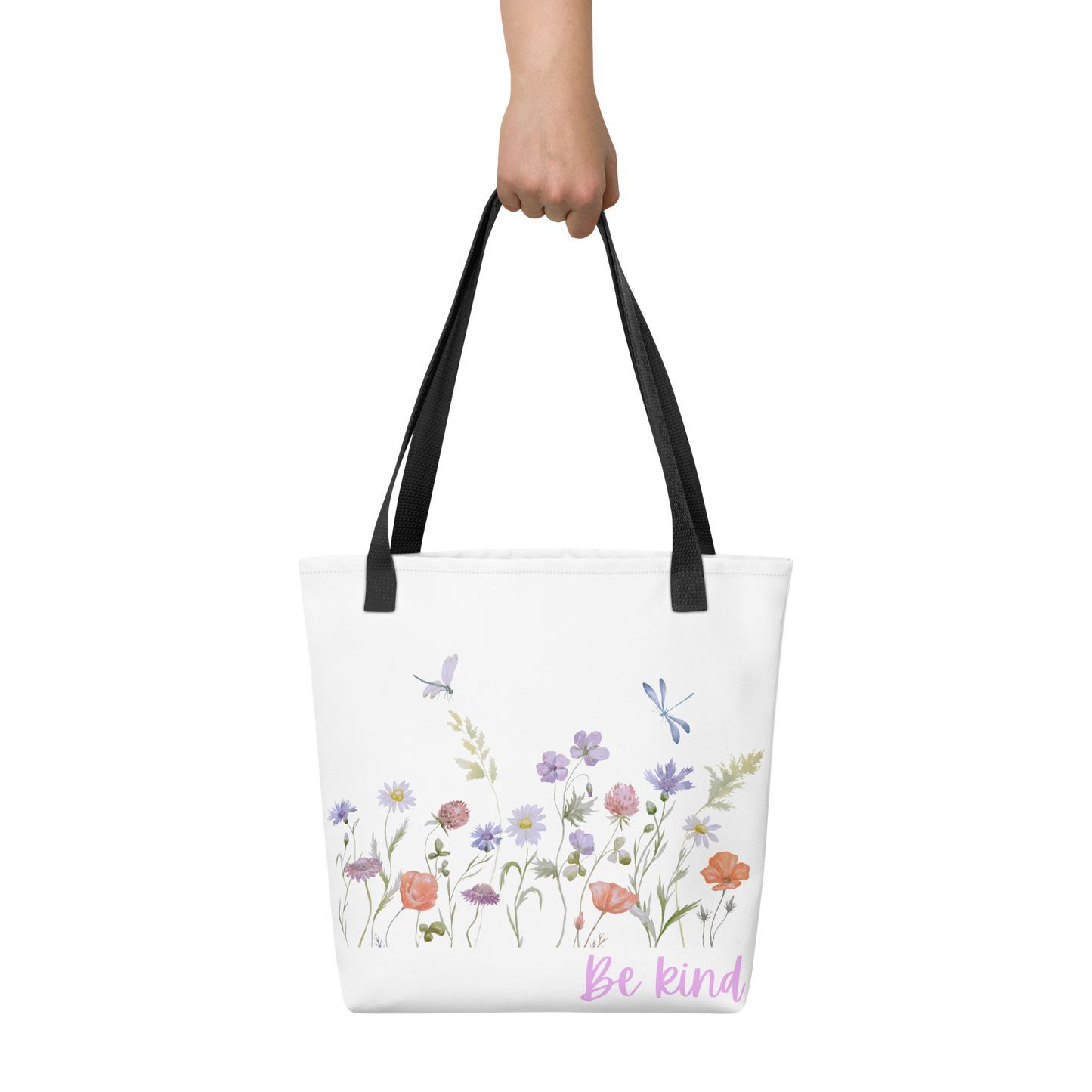 Be Kind Tote bag with wildflowers, 15" x 15," dual handles, trendy tote bag, wildflowers tote bag, tote bag, stylish tote bag