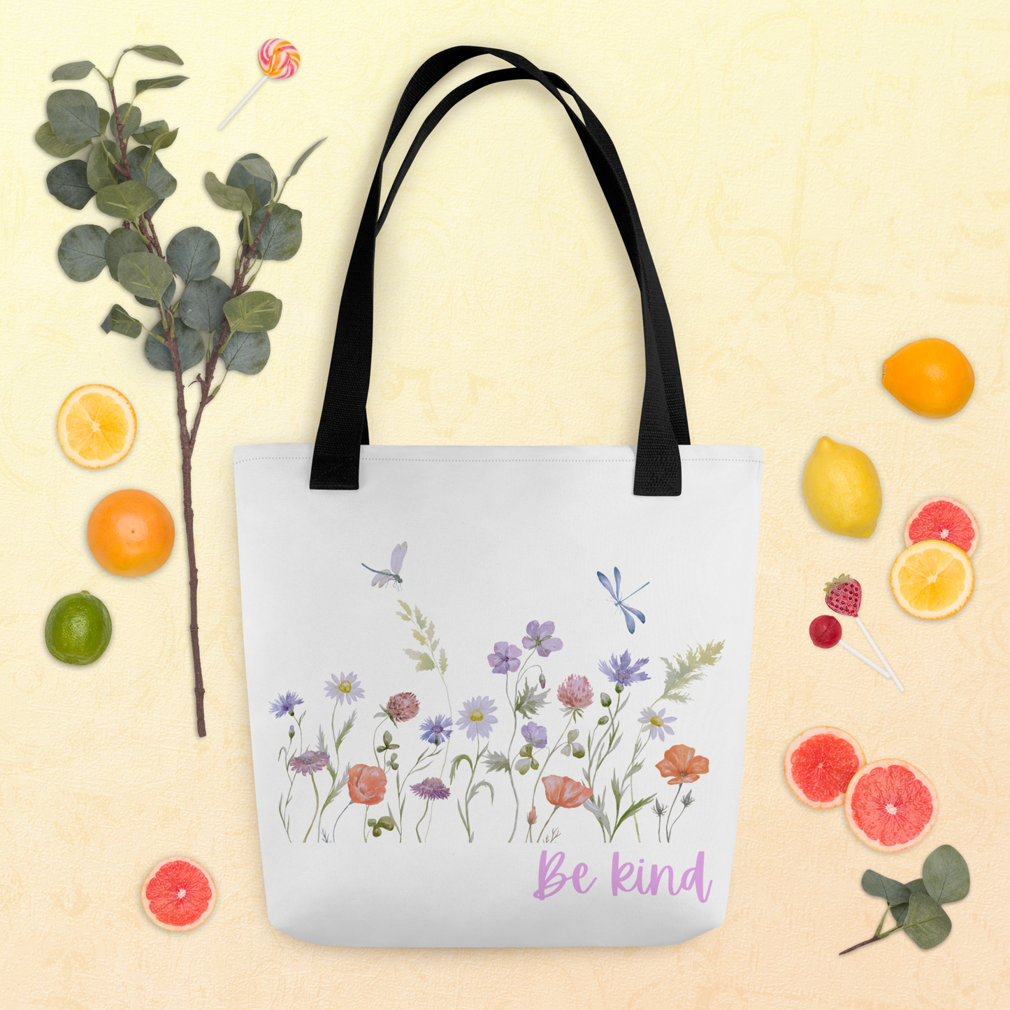 Be Kind Tote bag with wildflowers, 15" x 15," dual handles, trendy tote bag, wildflowers tote bag, tote bag, stylish tote bag