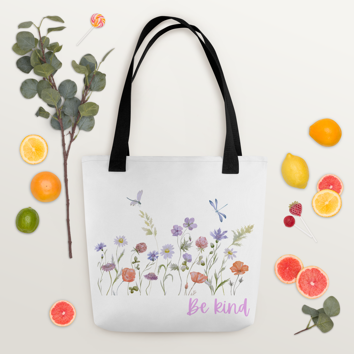 Be Kind Tote bag with wildflowers, 15" x 15," dual handles, trendy tote bag, wildflowers tote bag, tote bag, stylish tote bag