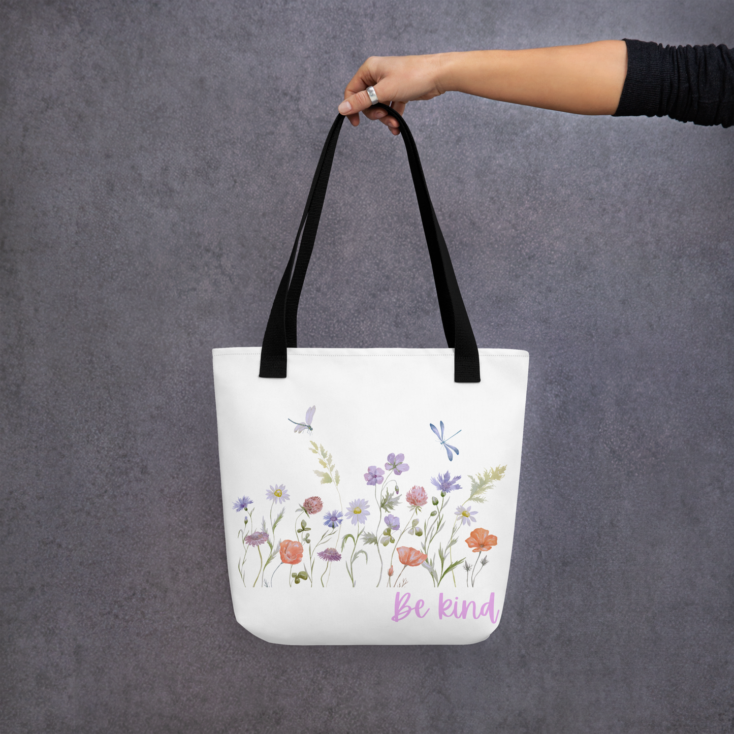 Be Kind Tote bag with wildflowers, 15" x 15," dual handles, trendy tote bag, wildflowers tote bag, tote bag, stylish tote bag