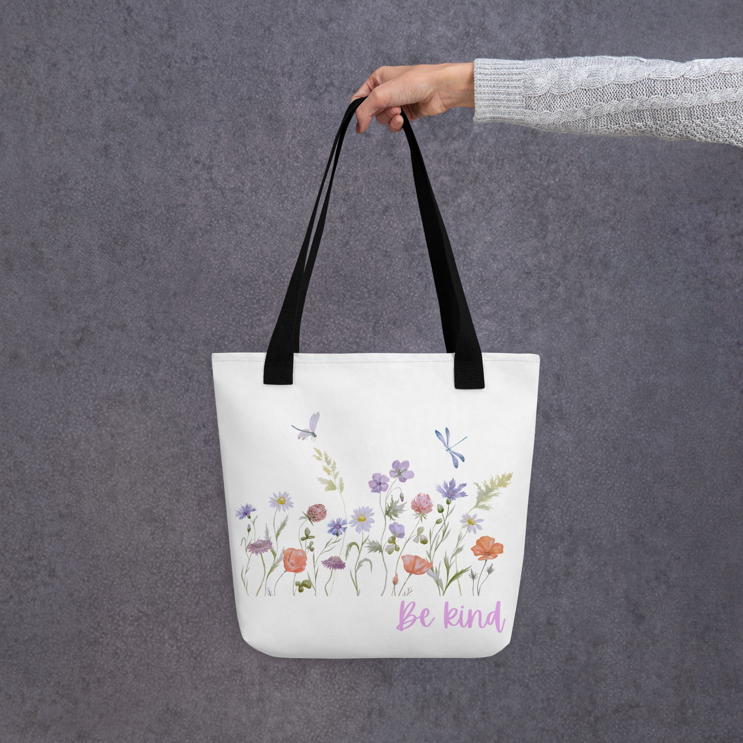 Be Kind Tote bag with wildflowers, 15" x 15," dual handles, trendy tote bag, wildflowers tote bag, tote bag, stylish tote bag