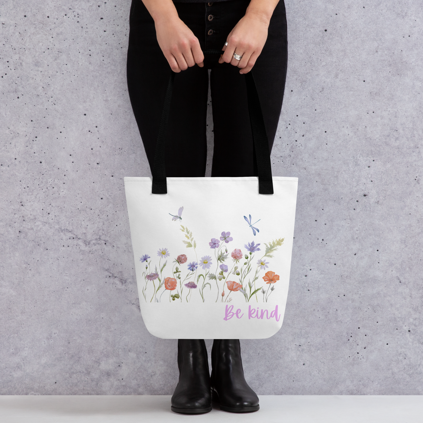 Be Kind Tote bag with wildflowers, 15" x 15," dual handles, trendy tote bag, wildflowers tote bag, tote bag, stylish tote bag