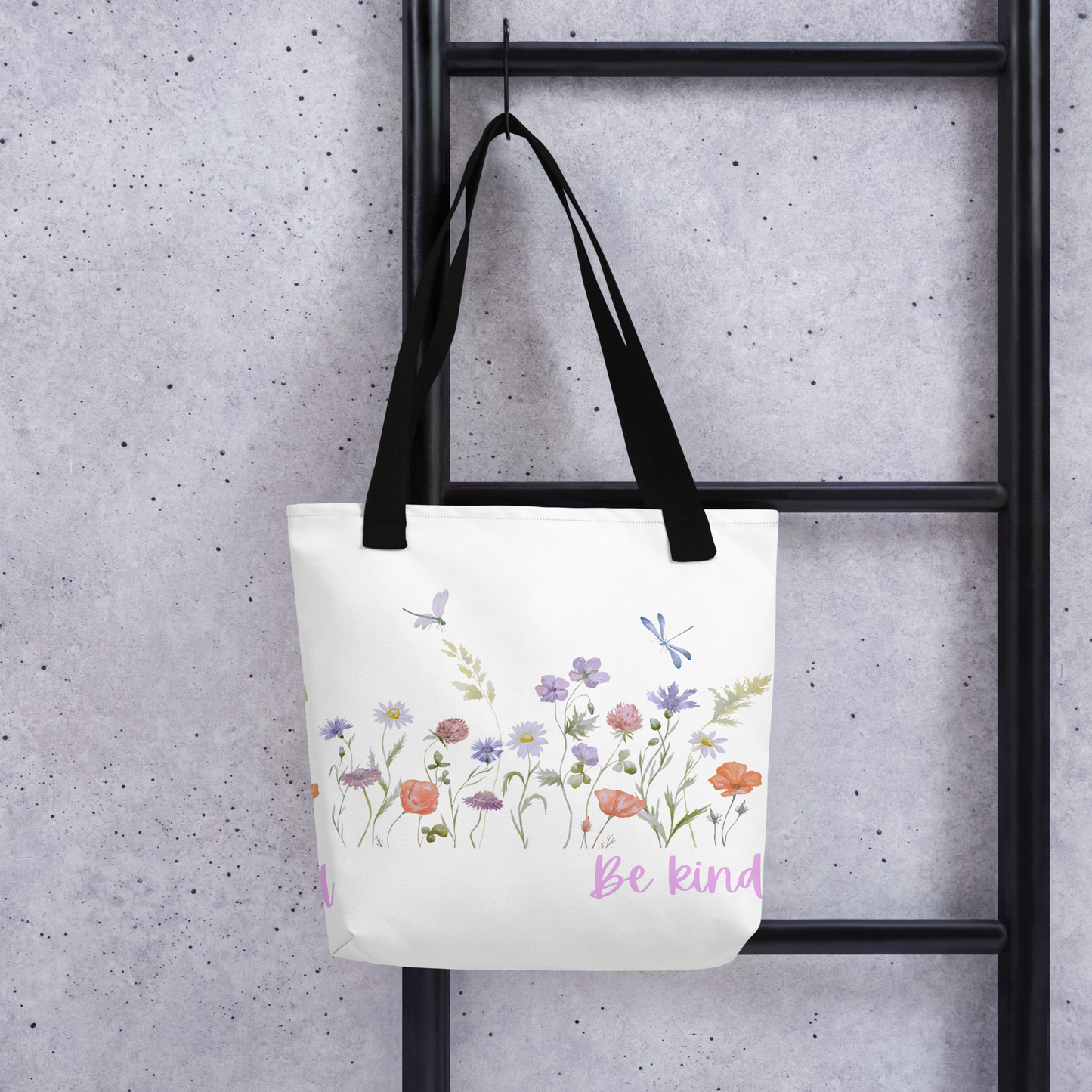 Be Kind Tote bag with wildflowers, 15" x 15," dual handles, trendy tote bag, wildflowers tote bag, tote bag, stylish tote bag