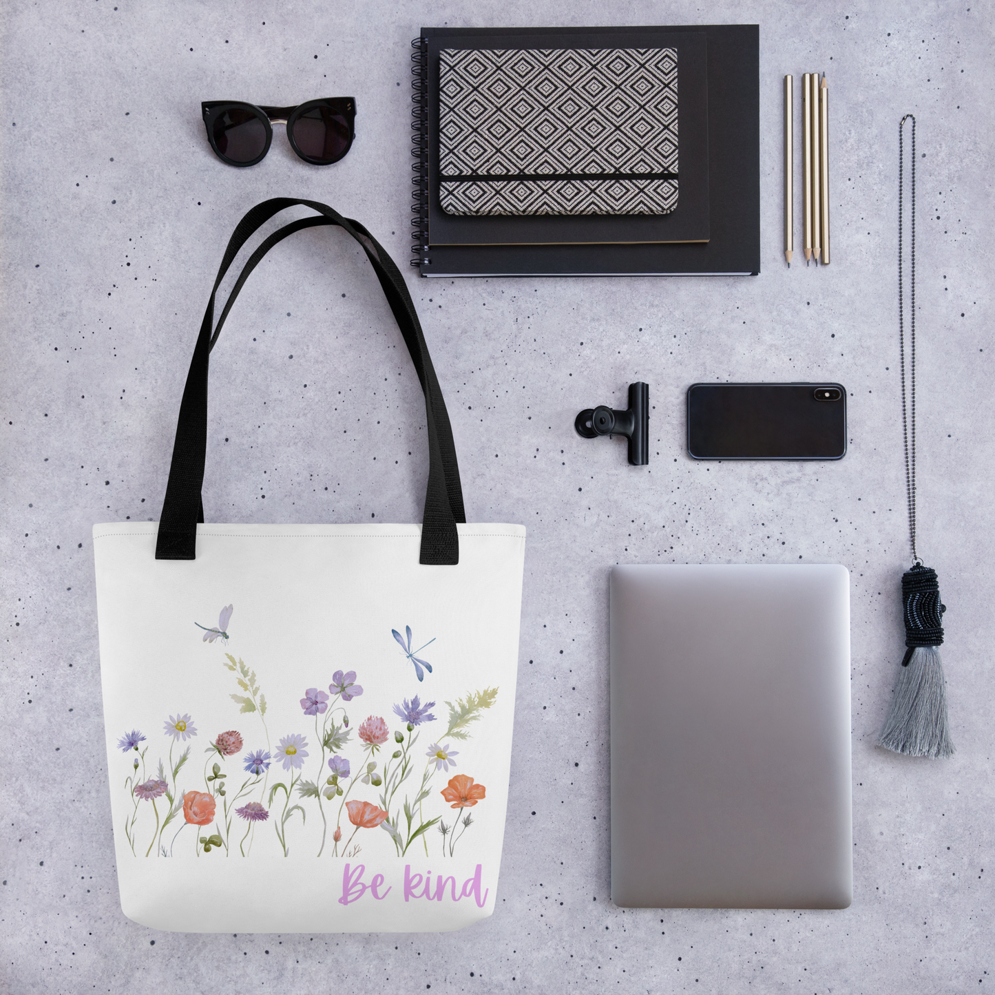 Be Kind Tote bag with wildflowers, 15" x 15," dual handles, trendy tote bag, wildflowers tote bag, tote bag, stylish tote bag