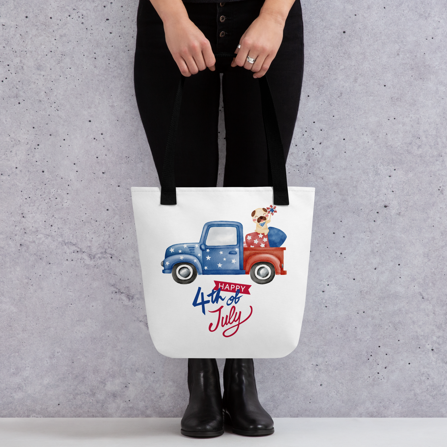 Fourth of July Tote bag, Patriotic tote, gift for him, birthday gift, Independence Day, fireworks, patriotic red truck,USA