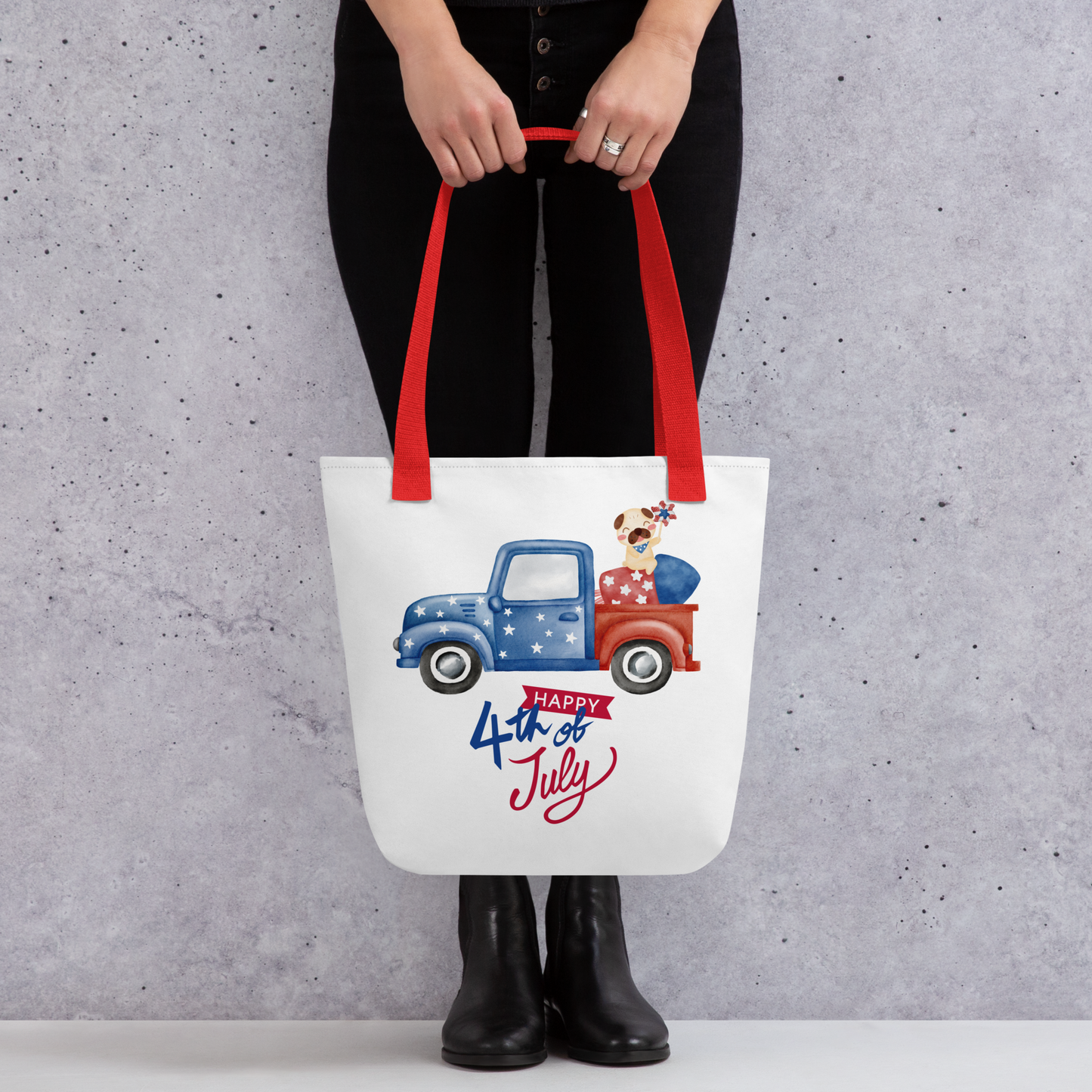 Fourth of July Tote bag, Patriotic tote, gift for him, birthday gift, Independence Day, fireworks, patriotic red truck,USA