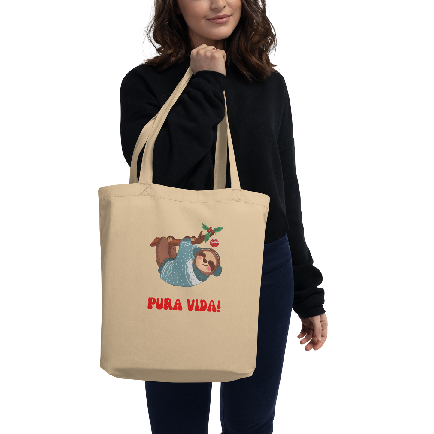 Christmas Eco Tote Bag, teacher gift, sloth tote bag, Pura Vida lifestyle, dual handles, trendy tote bag, Christmas tote bag, tote bag, stylish tote bag