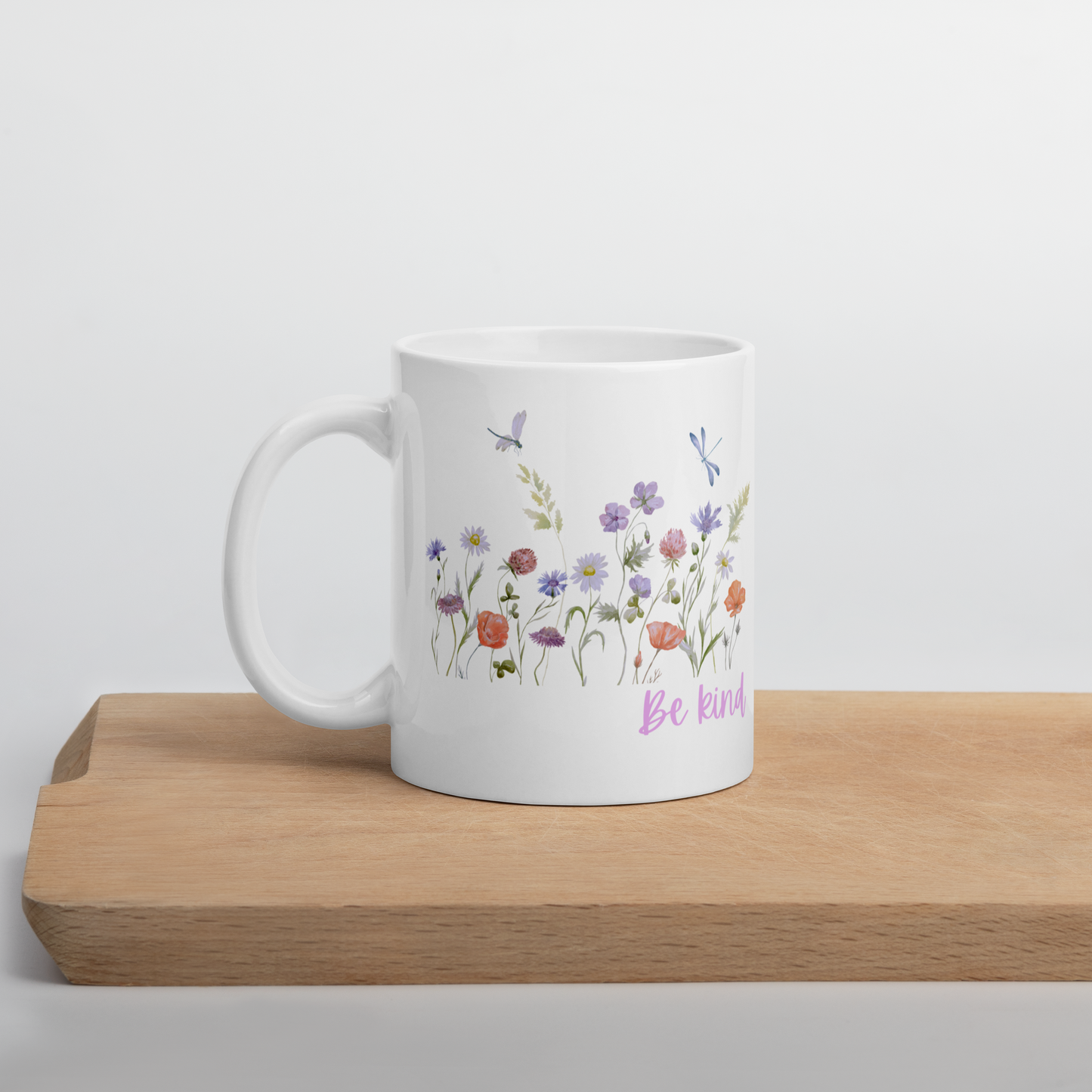 Be Kind White glossy mug with wildflowers for summer, spread kindness, kindness mug, coffee mug, be kind coffee mug