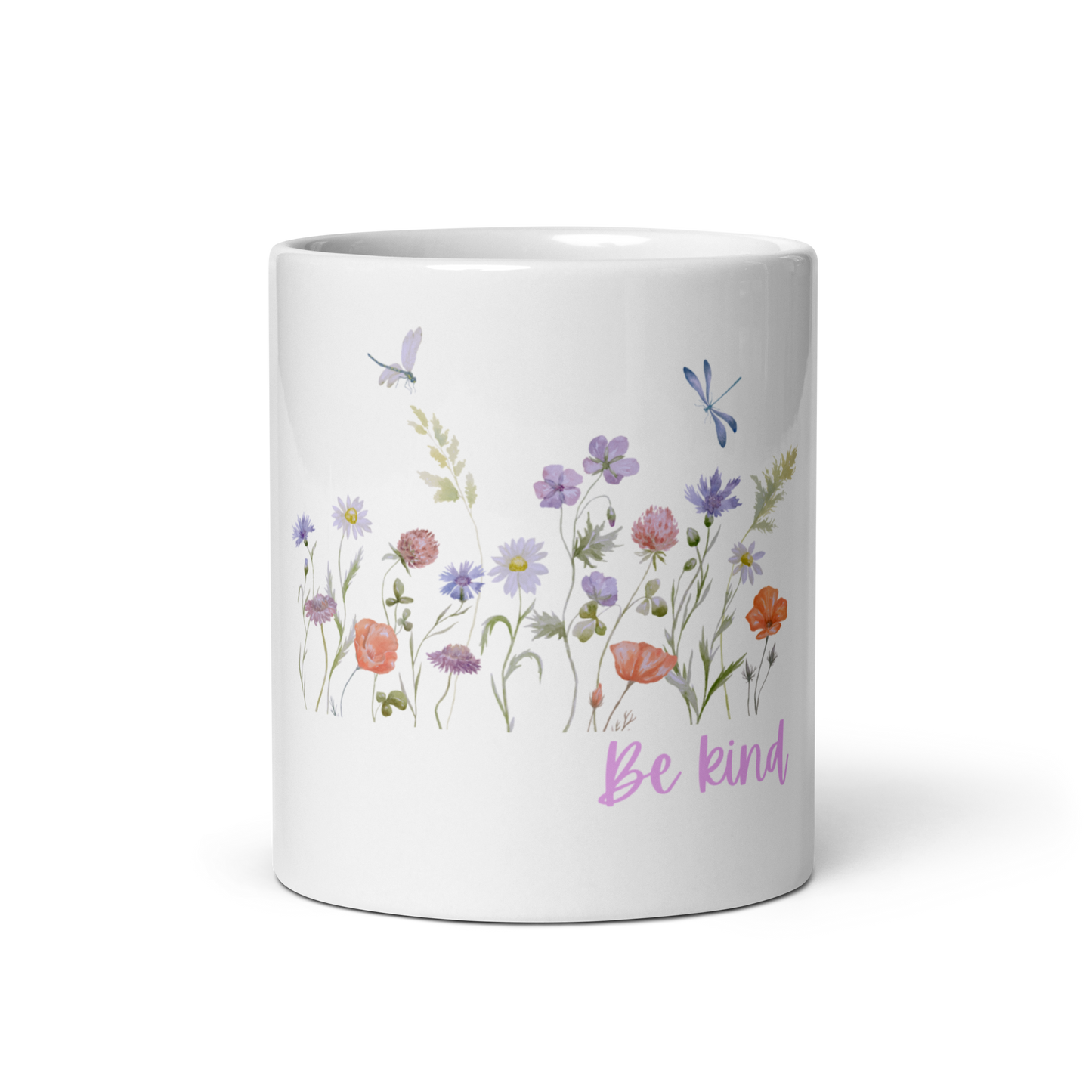 Be Kind White glossy mug with wildflowers for summer, spread kindness, kindness mug, coffee mug, be kind coffee mug