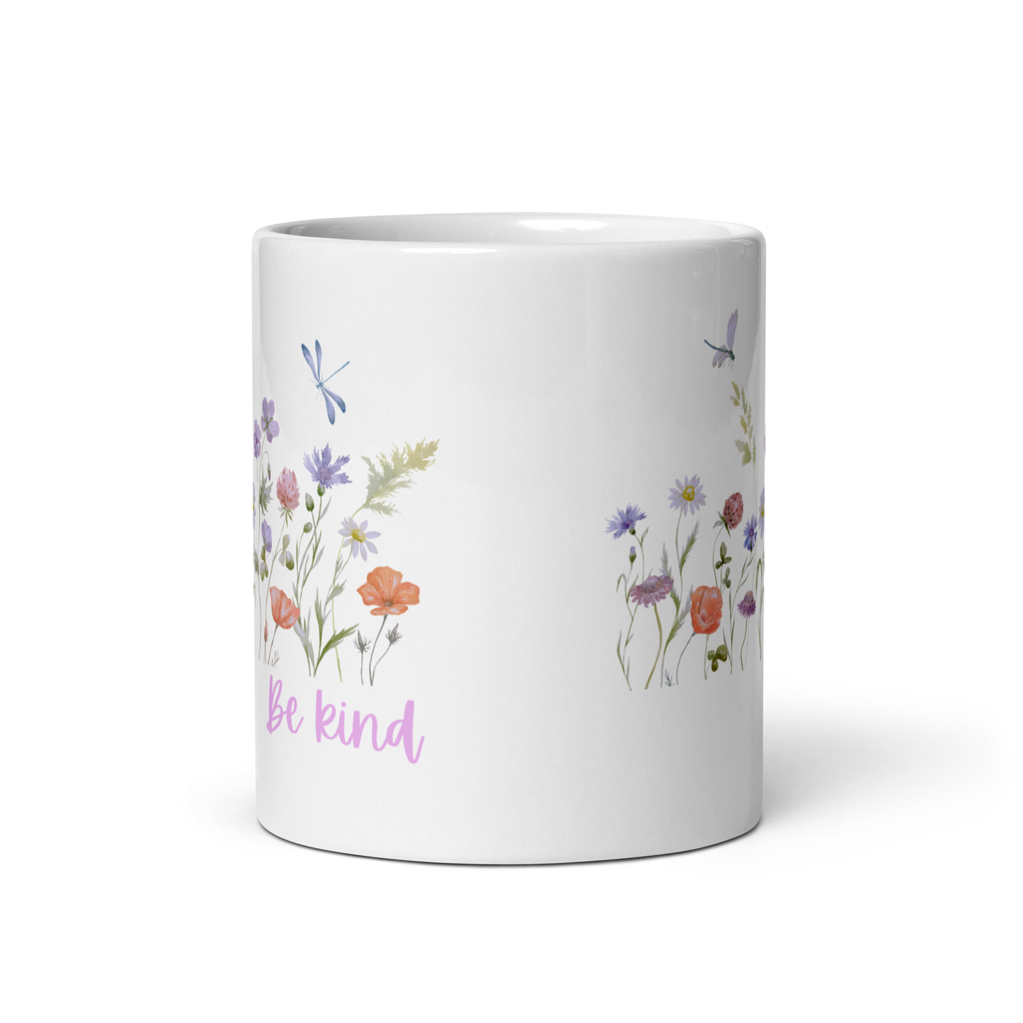 Be Kind White glossy mug with wildflowers for summer, spread kindness, kindness mug, coffee mug, be kind coffee mug