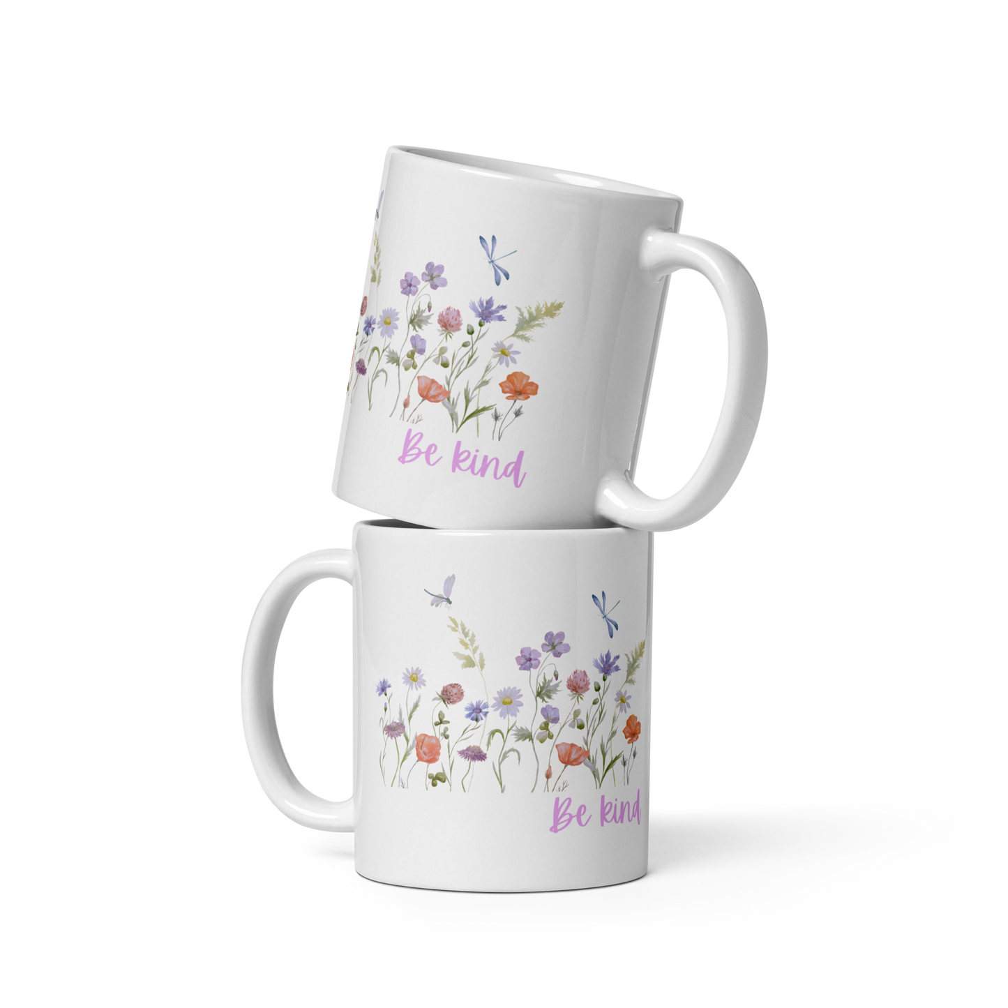 Be Kind White glossy mug with wildflowers for summer, spread kindness, kindness mug, coffee mug, be kind coffee mug