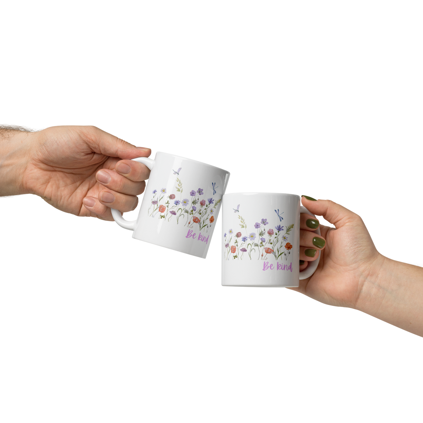 Be Kind White glossy mug with wildflowers for summer, spread kindness, kindness mug, coffee mug, be kind coffee mug