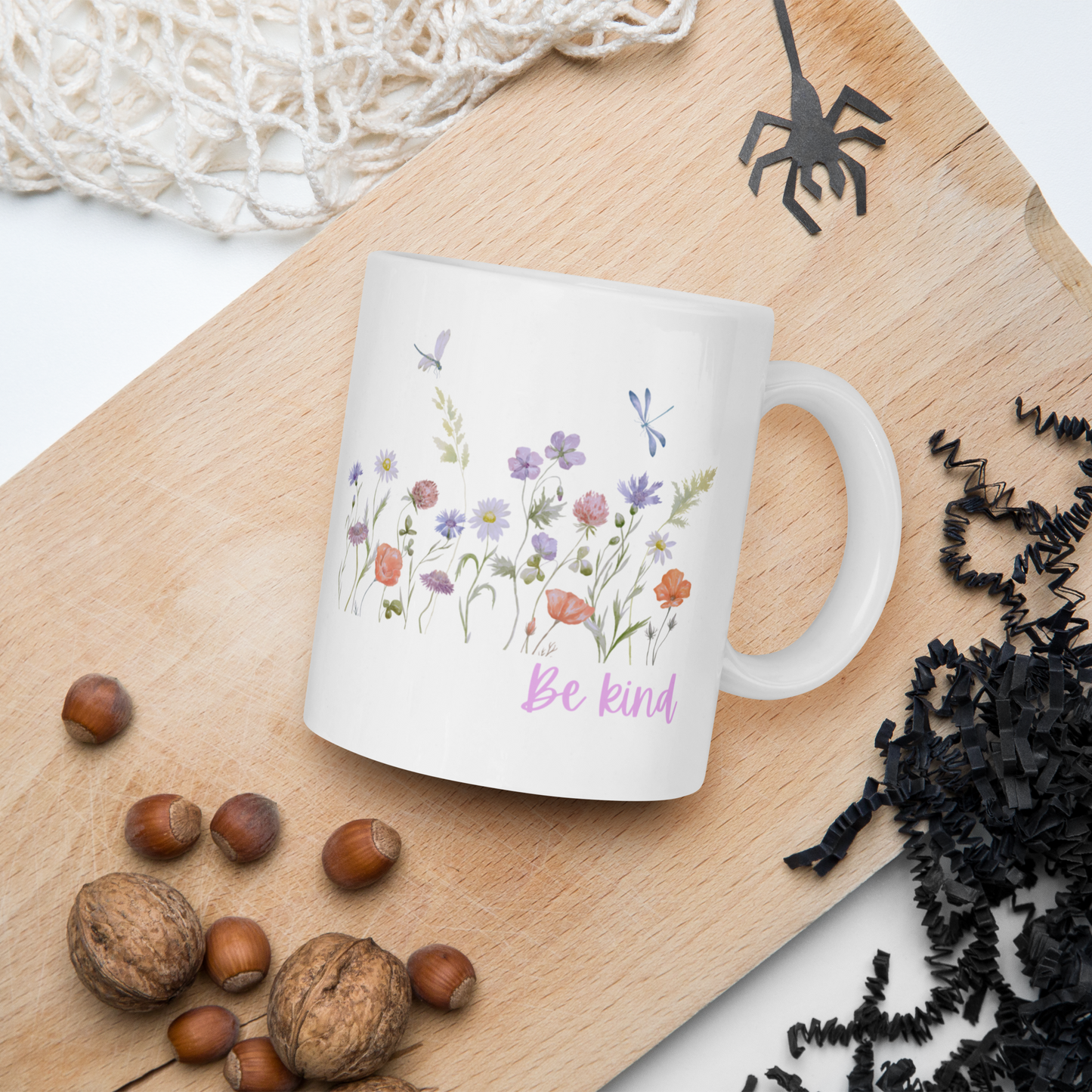 Be Kind White glossy mug with wildflowers for summer, spread kindness, kindness mug, coffee mug, be kind coffee mug