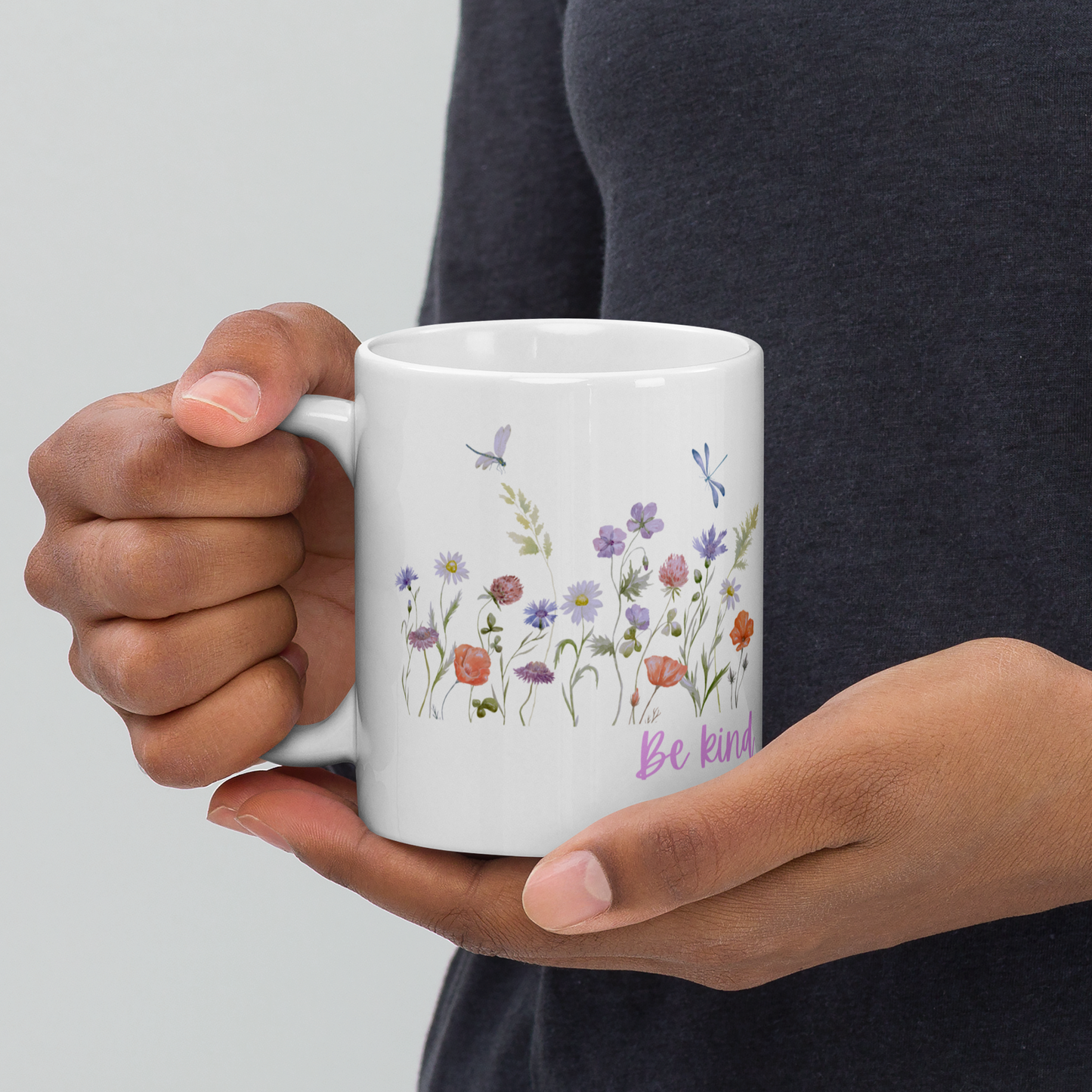 Be Kind White glossy mug with wildflowers for summer, spread kindness, kindness mug, coffee mug, be kind coffee mug