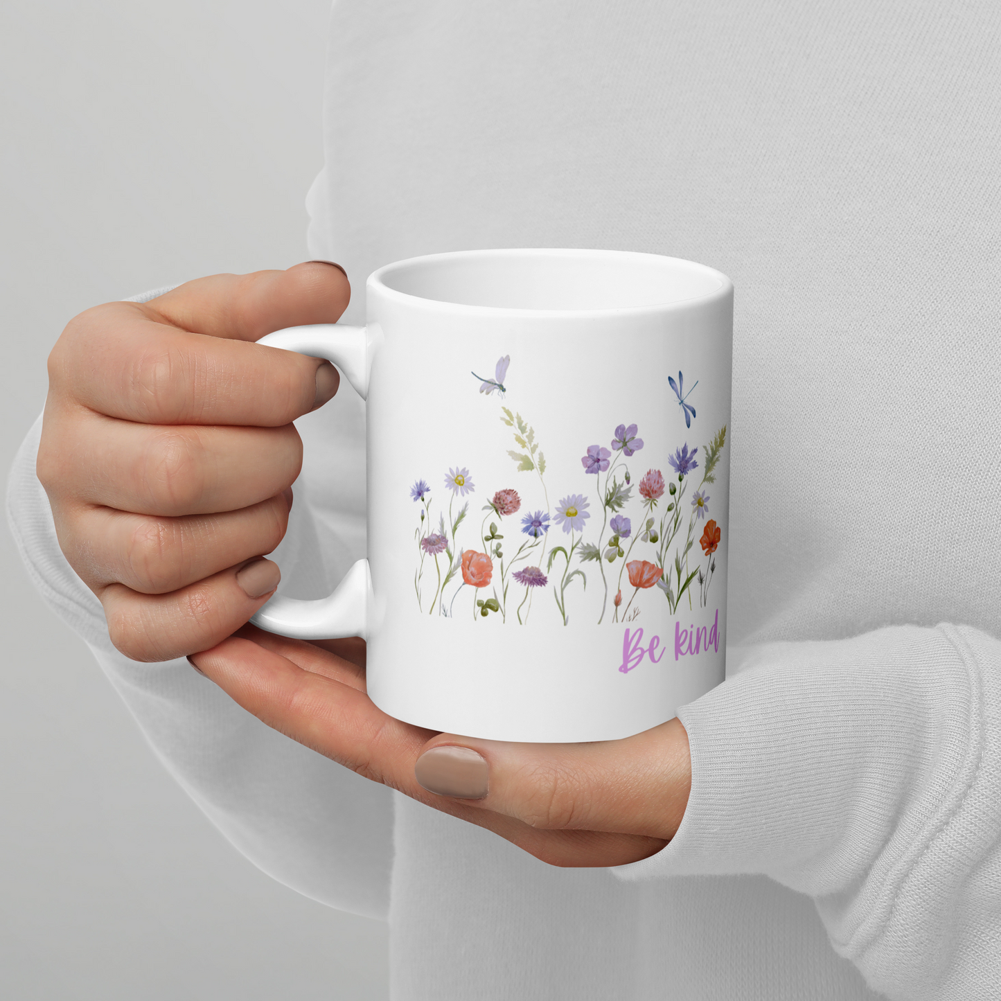 Be Kind White glossy mug with wildflowers for summer, spread kindness, kindness mug, coffee mug, be kind coffee mug