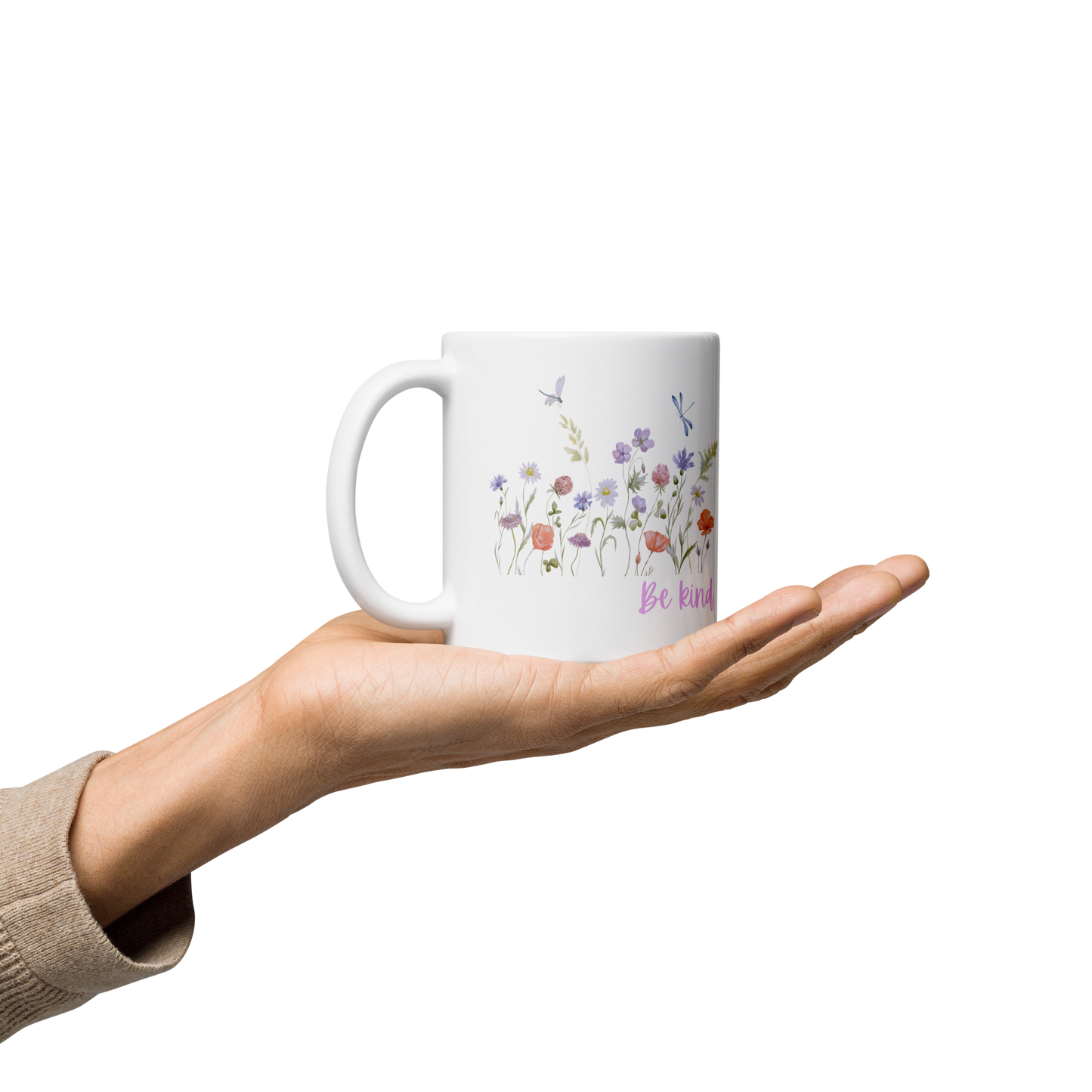 Be Kind White glossy mug with wildflowers for summer, spread kindness, kindness mug, coffee mug, be kind coffee mug