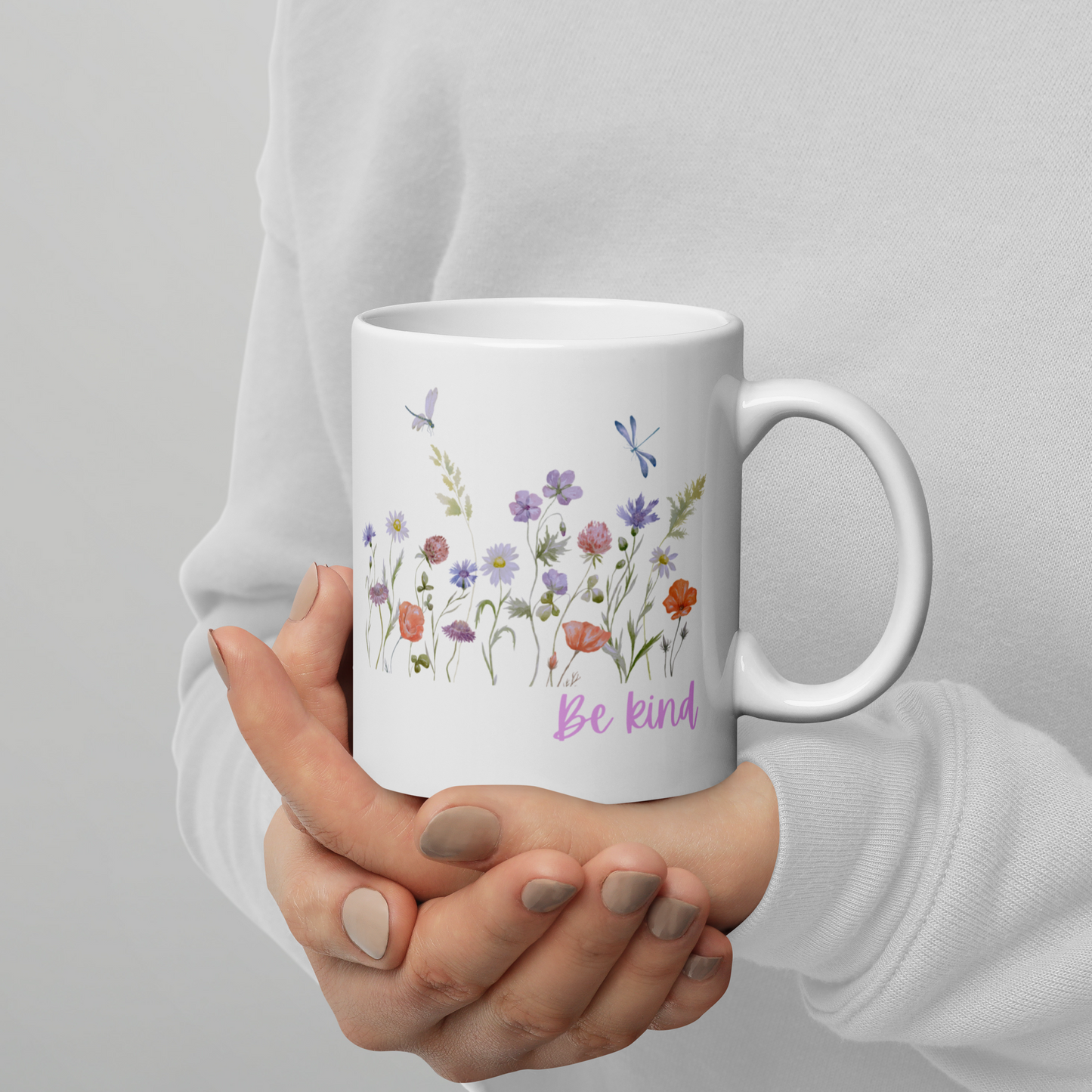 Be Kind White glossy mug with wildflowers for summer, spread kindness, kindness mug, coffee mug, be kind coffee mug