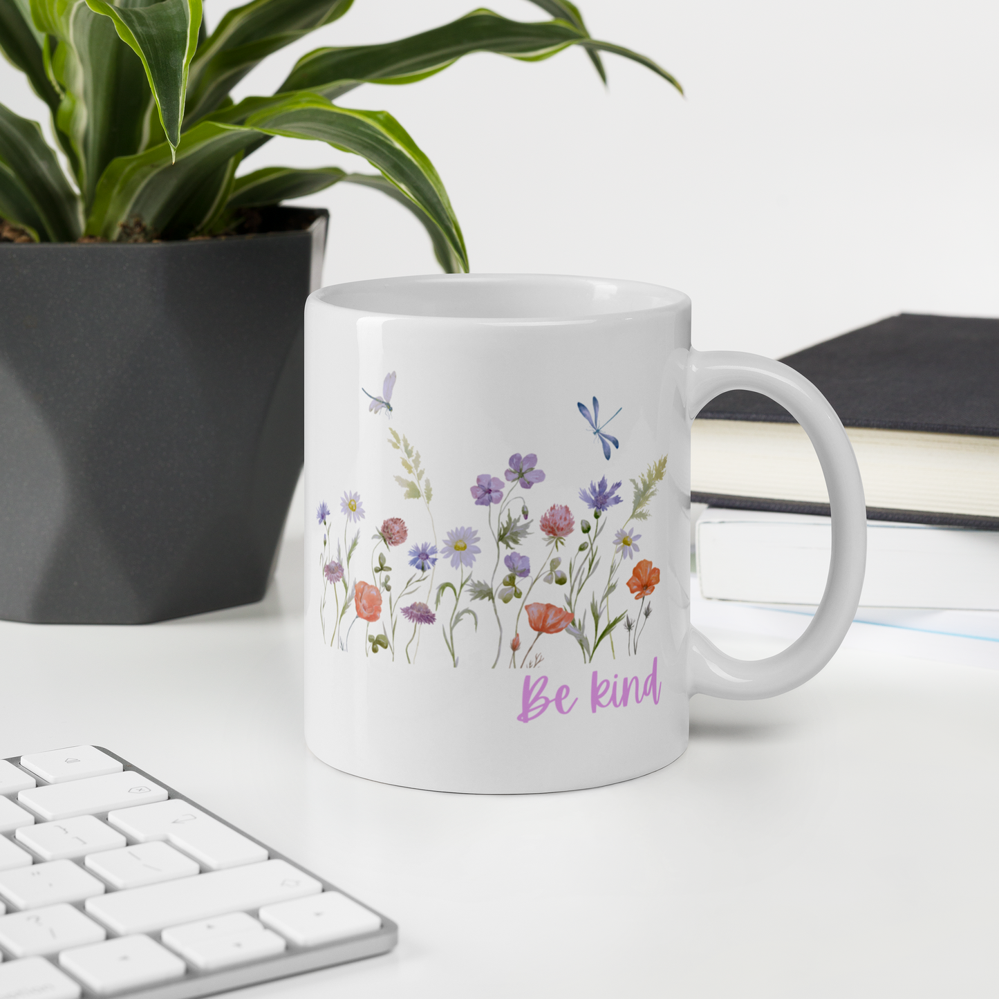 Be Kind White glossy mug with wildflowers for summer, spread kindness, kindness mug, coffee mug, be kind coffee mug