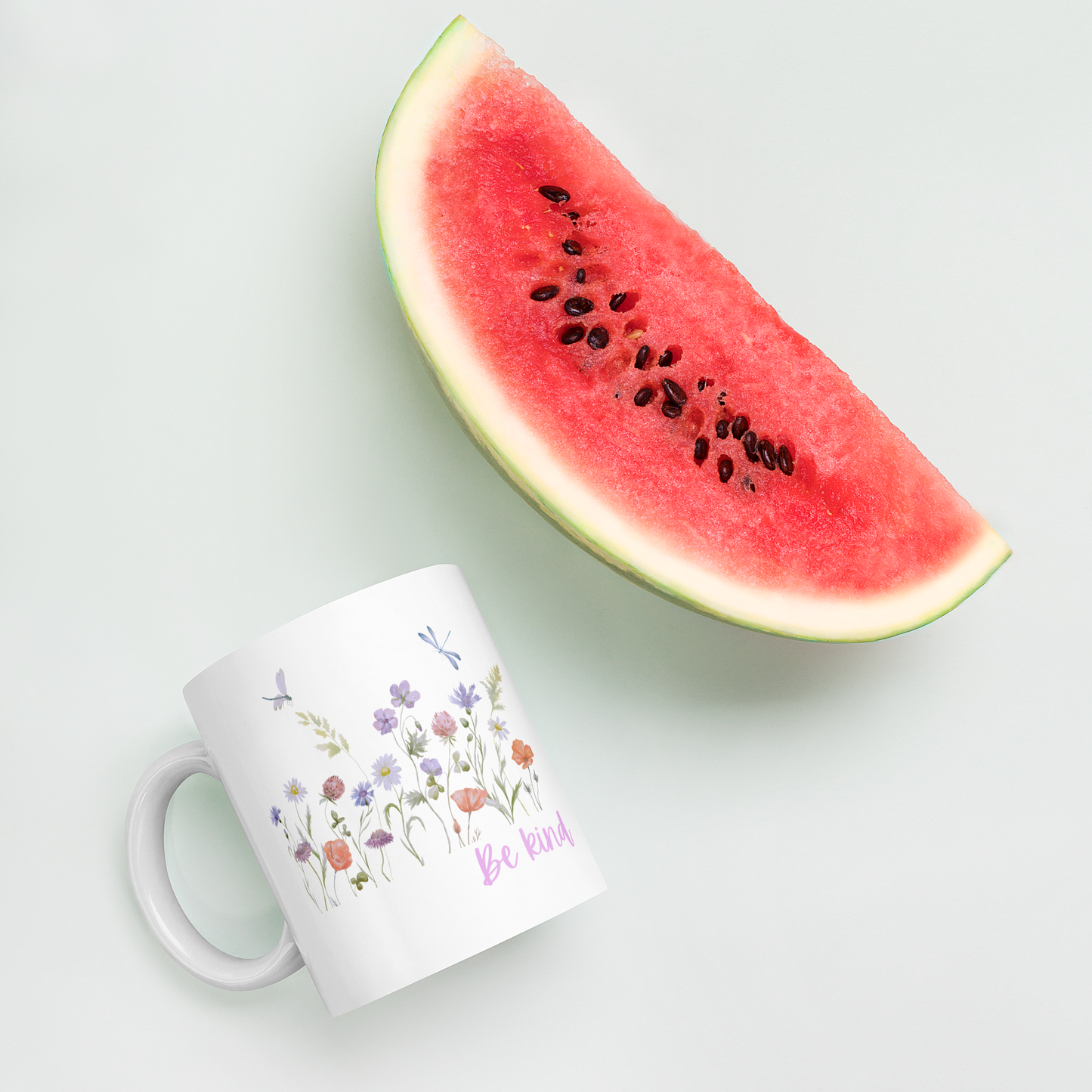 Be Kind White glossy mug with wildflowers for summer, spread kindness, kindness mug, coffee mug, be kind coffee mug